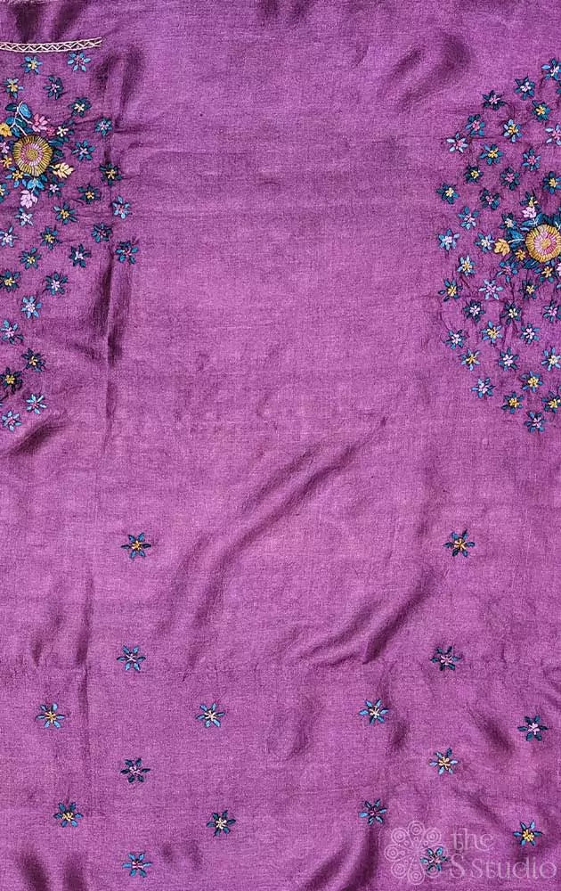 Deep purple tussar silk fabric with floral kutch hand embroidery