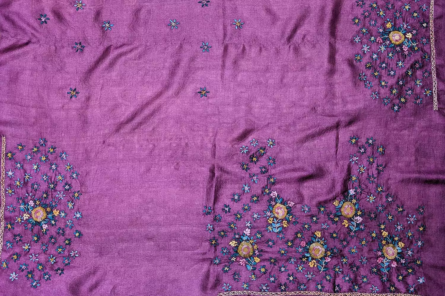 Deep purple tussar silk fabric with floral kutch hand embroidery