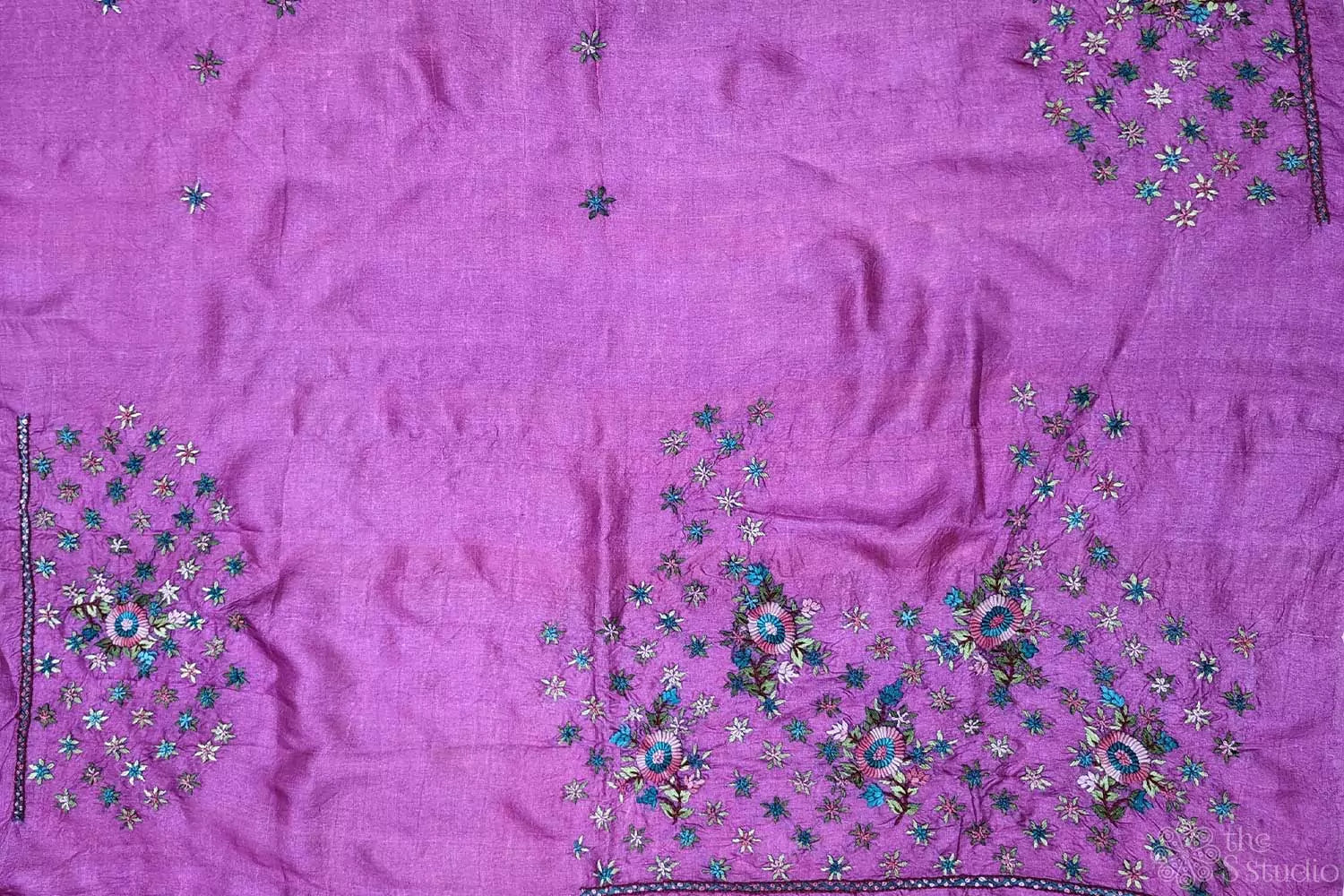 Pink tussar silk fabric with floral kutch hand embroidery