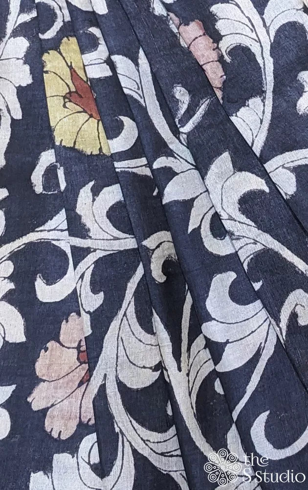 Black tussar hand painted pen kalamkari blouse material