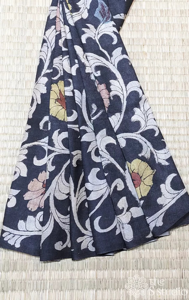 Black tussar hand painted pen kalamkari blouse material