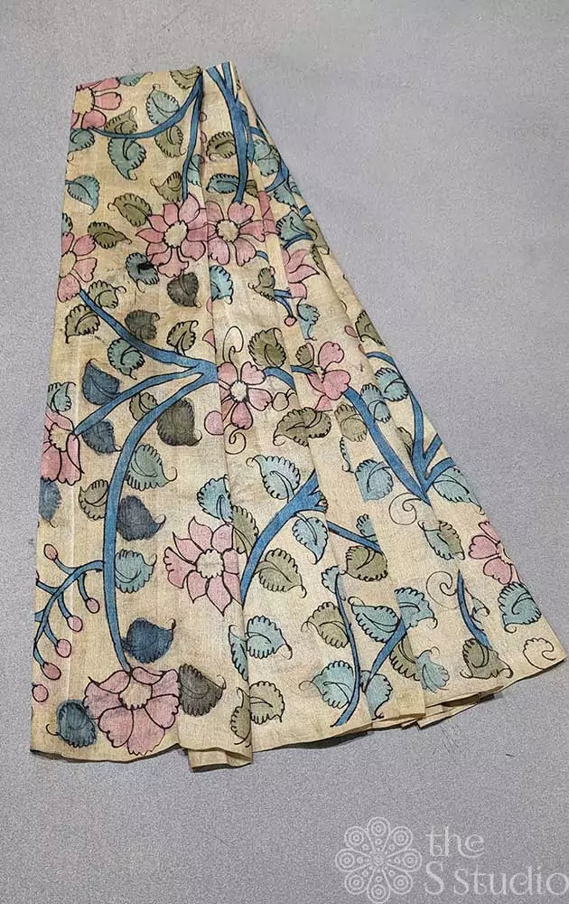 Beige handpainted pen  kalamkari tussar silk fabric