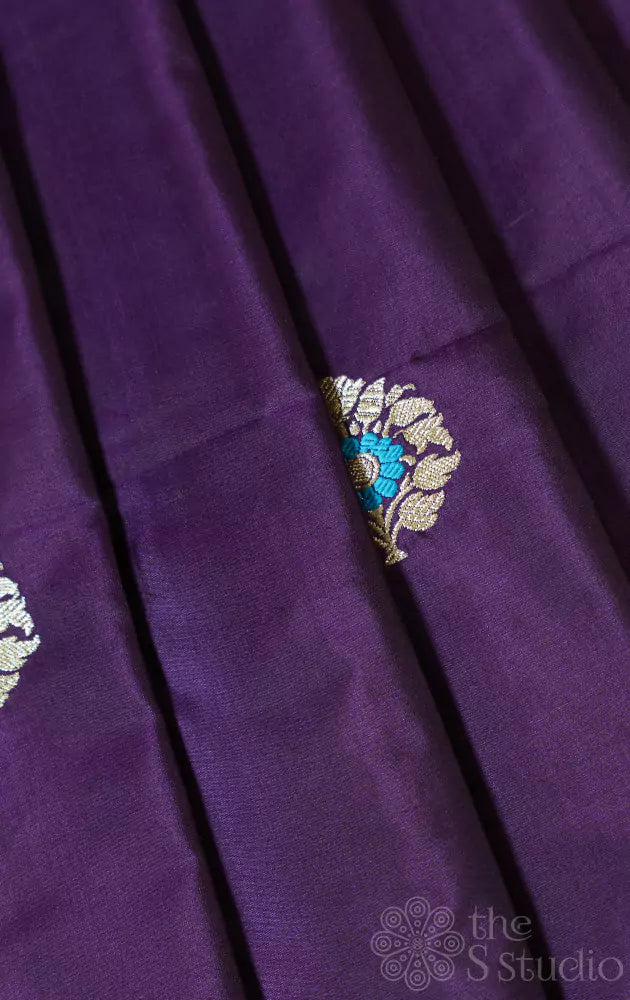 Aubergine violet banarasi silk blouse fabric with buttas