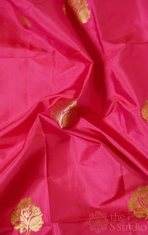 Lotus pink banarasi silk blouse fabric with floral zari buttas