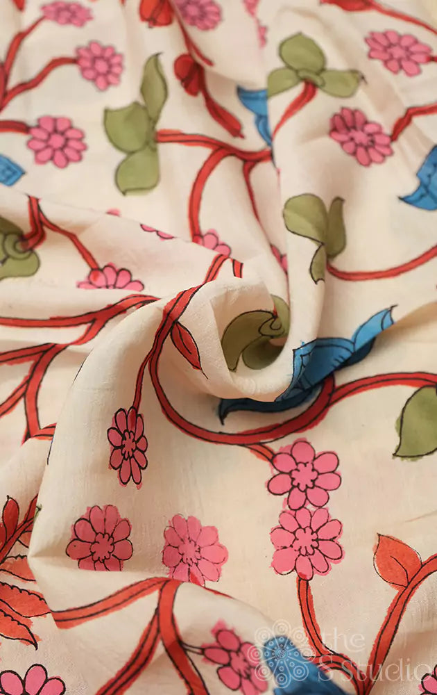 Off white handpainted pen kalamkari light weight silk material
