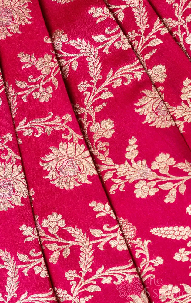 Rani pink banarasi silk blouse material with silver floral creepers
