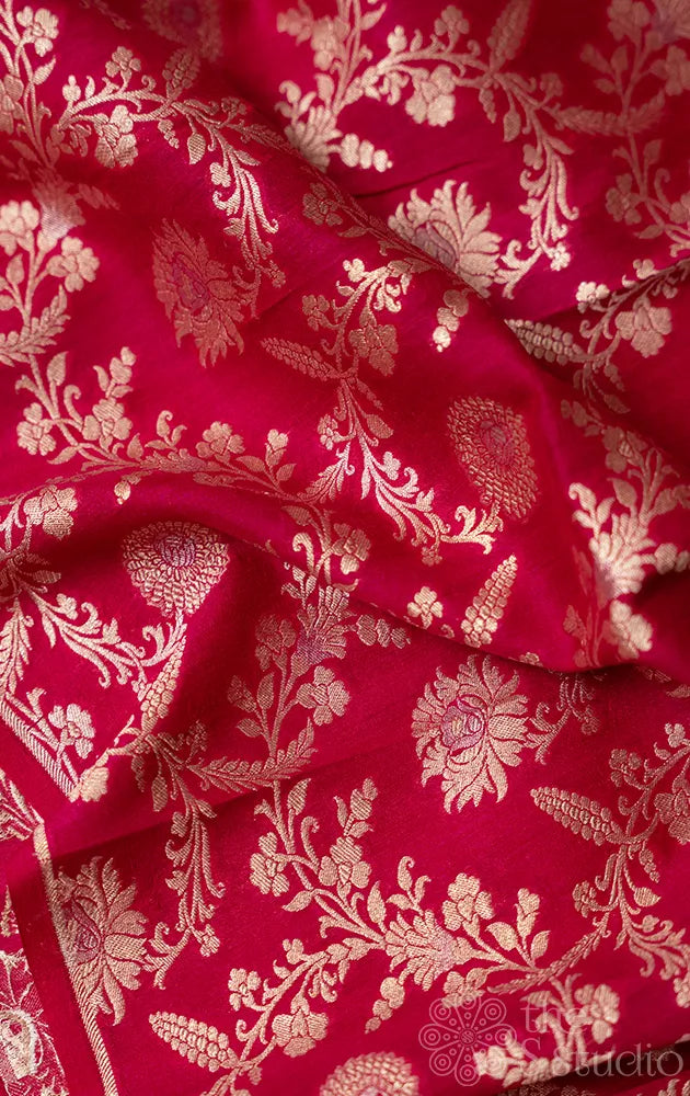 Rani pink banarasi silk blouse material with silver floral creepers