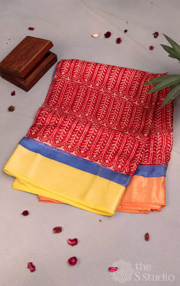 Red Silk Kota Double Bordered Saree with Blouse