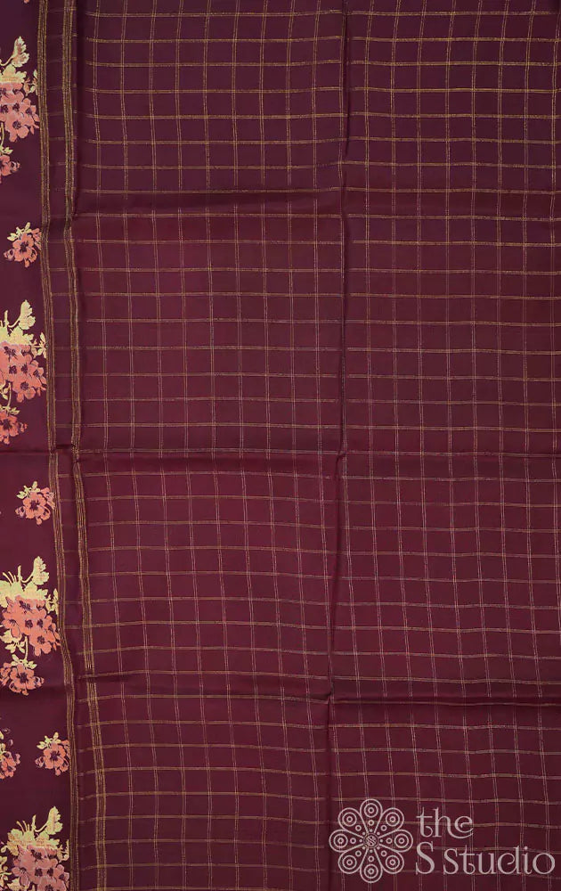 Maroon Kanchi silk saree with floral prints and checked pallu