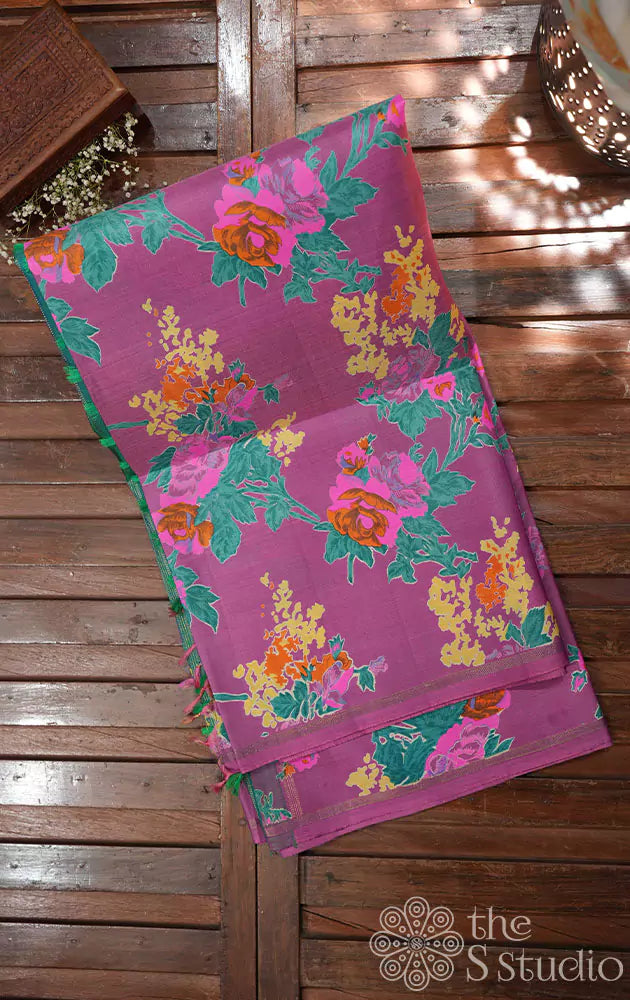 Lilac kanchi silk saree with floral prints and teal blue pallu