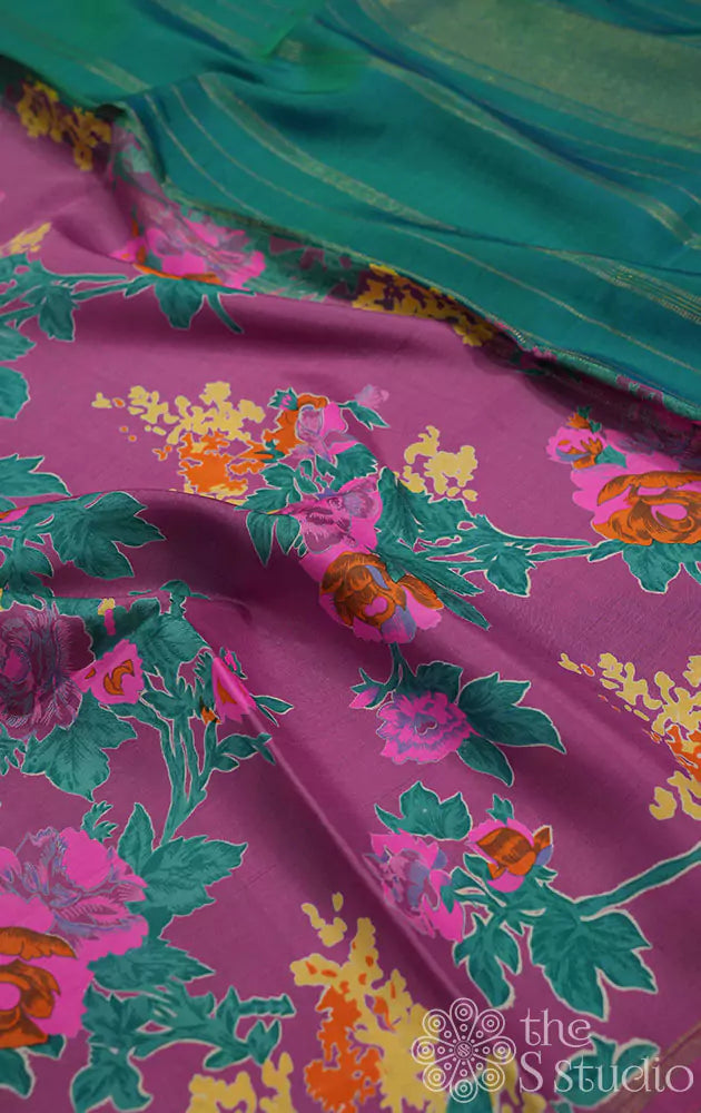 Lilac kanchi silk saree with floral prints and teal blue pallu