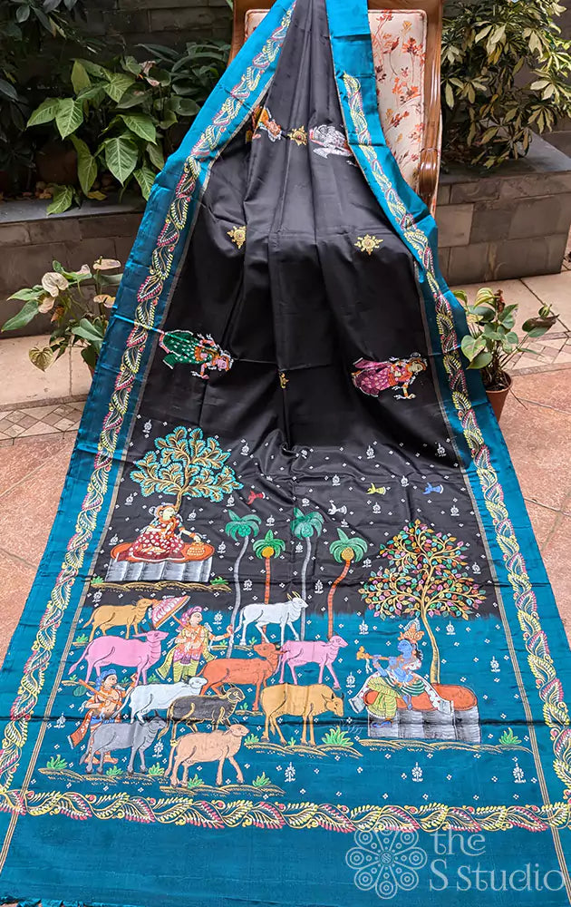 Black soft silk saree with hand painted pattachitra art