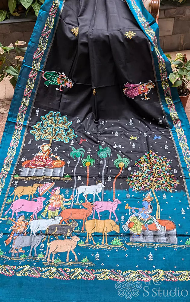 Black soft silk saree with hand painted pattachitra art