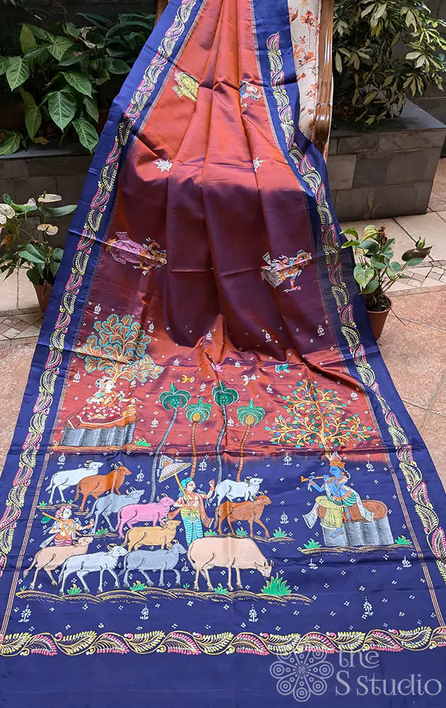 Rust soft silk saree with hand painted pattachitra art