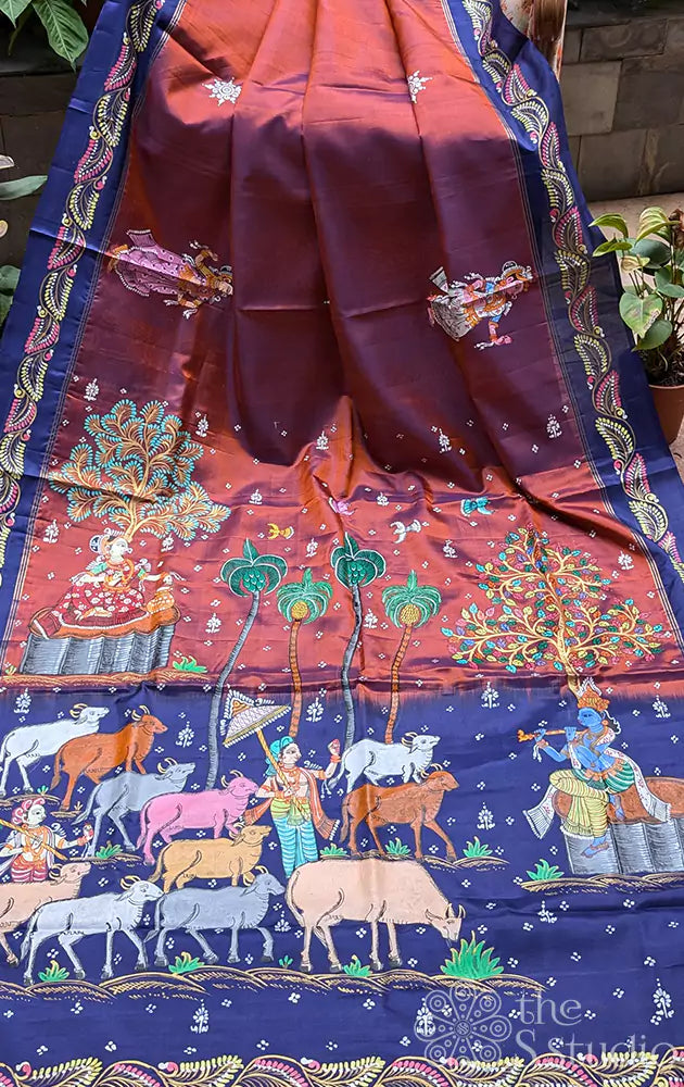 Rust soft silk saree with hand painted pattachitra art