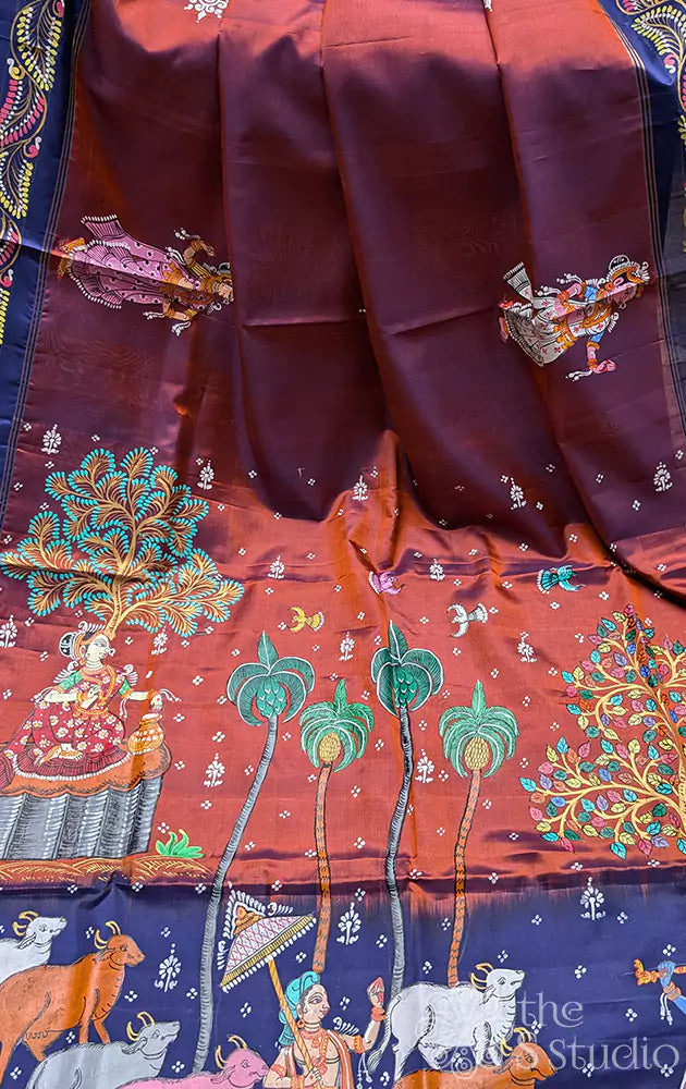 Rust soft silk saree with hand painted pattachitra art