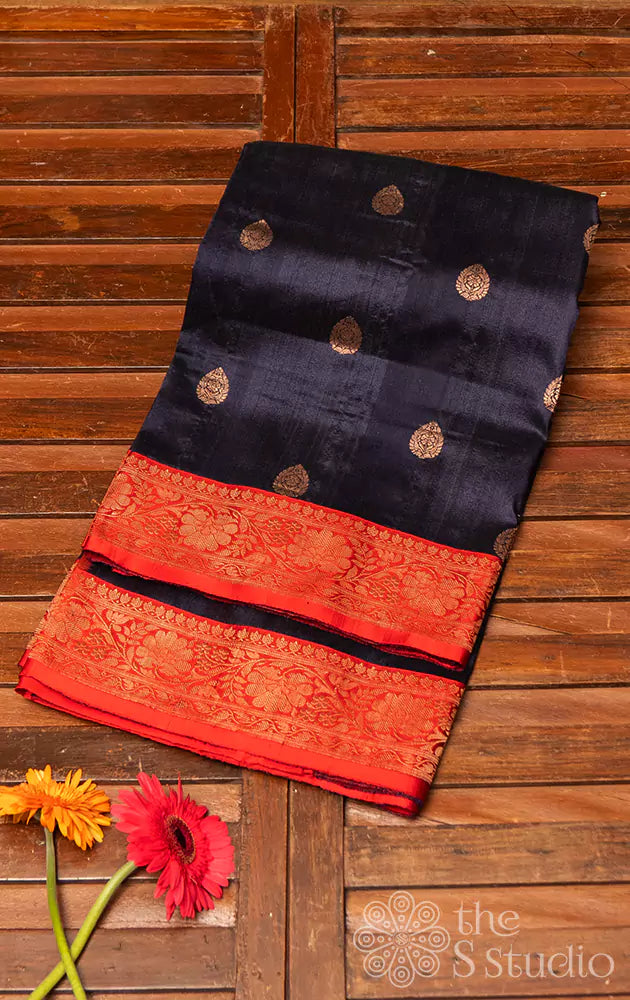 Navy blue banarasi silk saree with red antique zari border