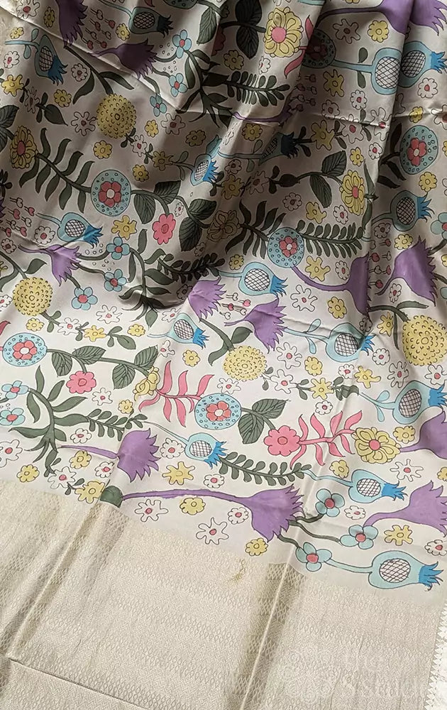 Grey soft silk saree with pen kalamkari saree