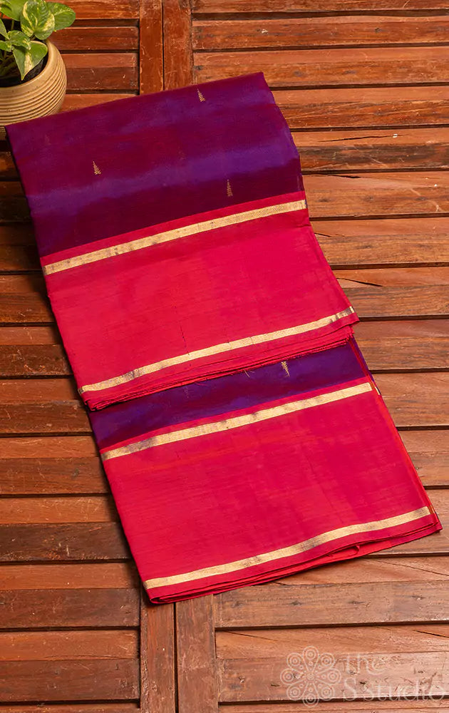Violet silk cotton saree with red rettaipet border