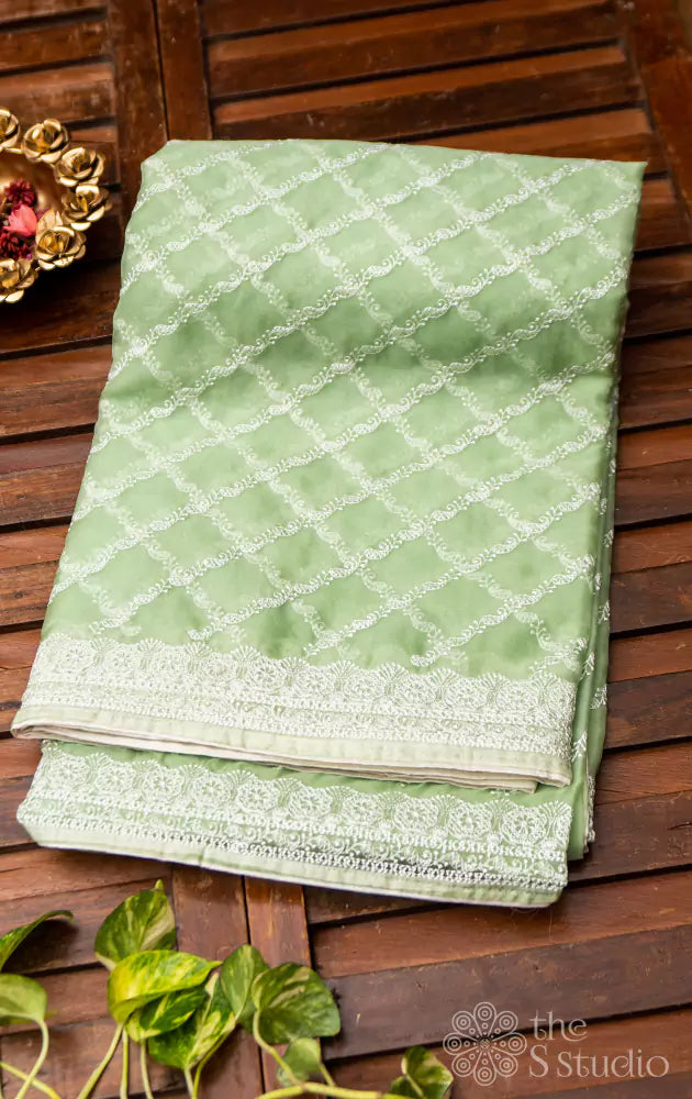 Pastel green organza embroidered saree