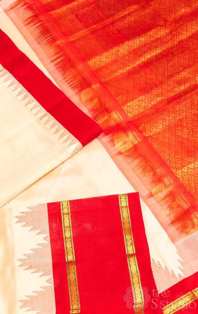 Offwhite silk cotton saree with red rettaipet border