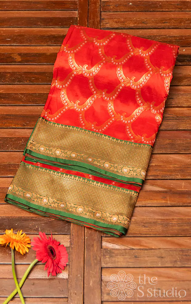 Red banarasi silk saree with green antique zari border