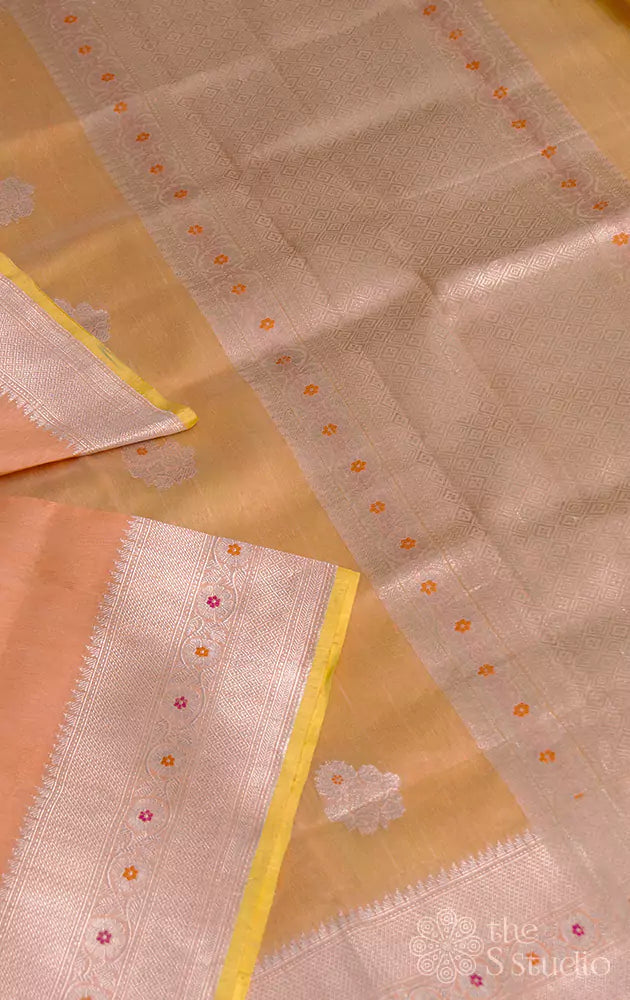 Peach linen banarasi saree with silver zari