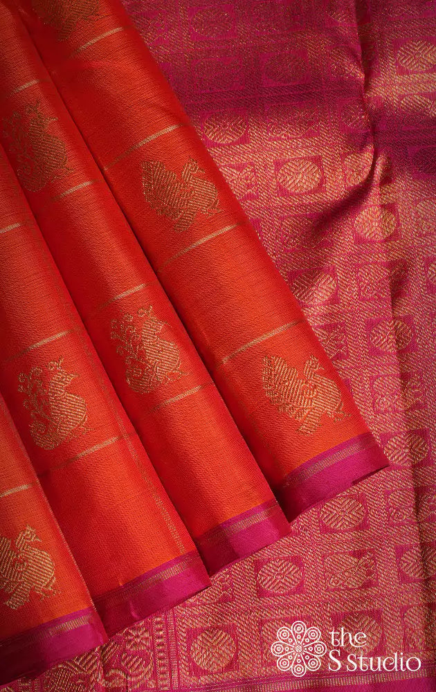 Orange Checked Kanchi Silk Saree With Annam And Peacock Buttas