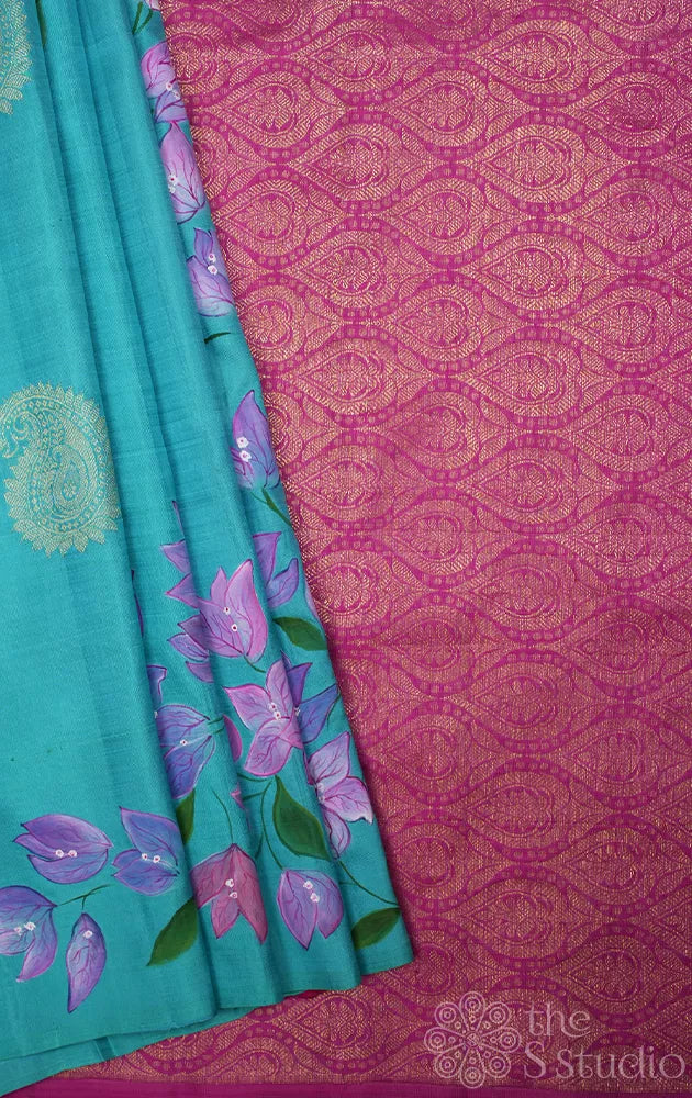 Aqua blue hand painted borderless kanchipuram silk saree