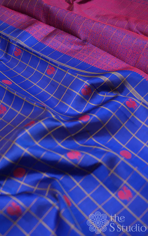 Bright blue checked kanchi silk saree with magenta thread woven buttas