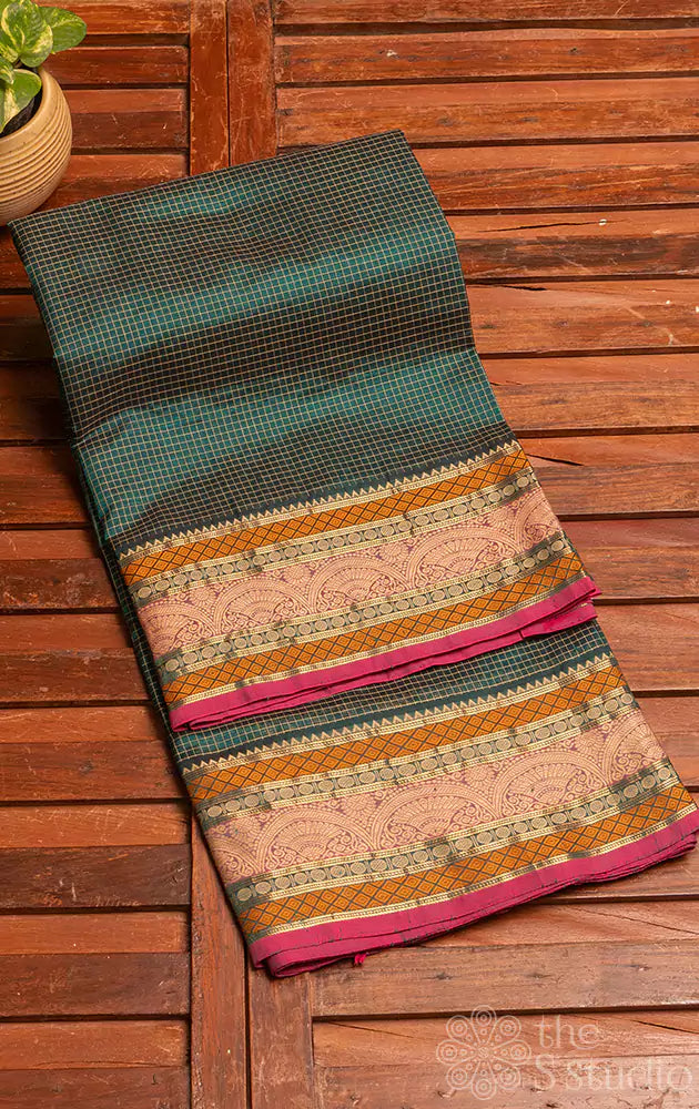 Green checked silk cotton saree with magenta selvedge