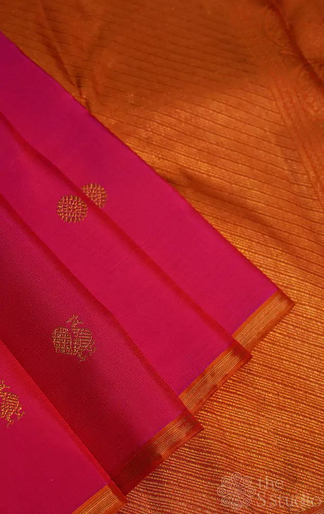 Brown and rani pink kanchi silk saree with long border