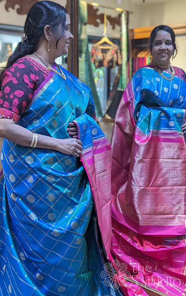 Peacock Blue Kanjivaram Saree With Checks