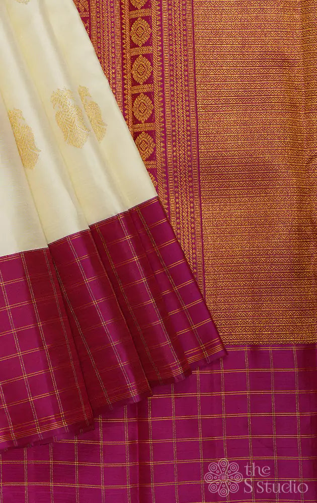 Off white with checked border korvai kanchipuram silk saree