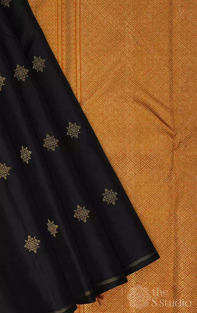Black kolam buttas kanchipuram silk saree with mustard zari rich pallu