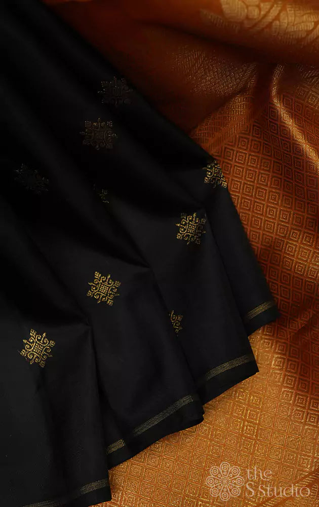 Black kolam buttas kanchipuram silk saree with mustard zari rich pallu