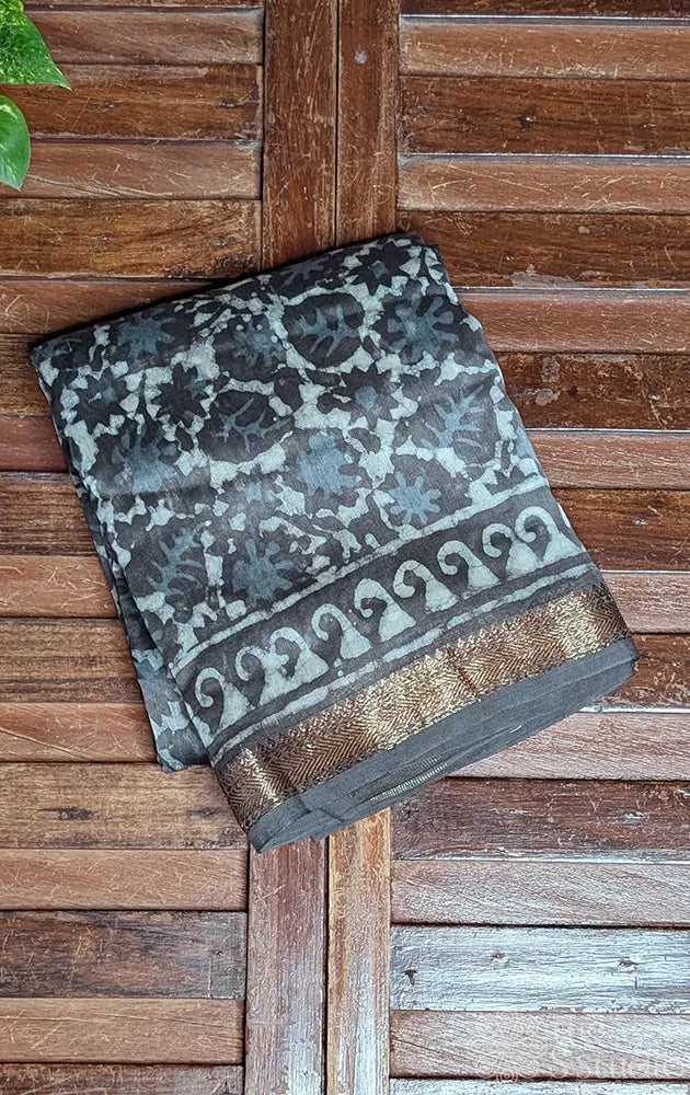 Grey chanderi cotton saree with batik prints