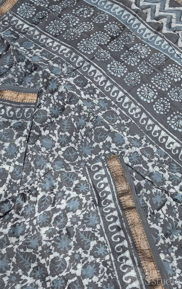 Grey chanderi cotton saree with batik prints