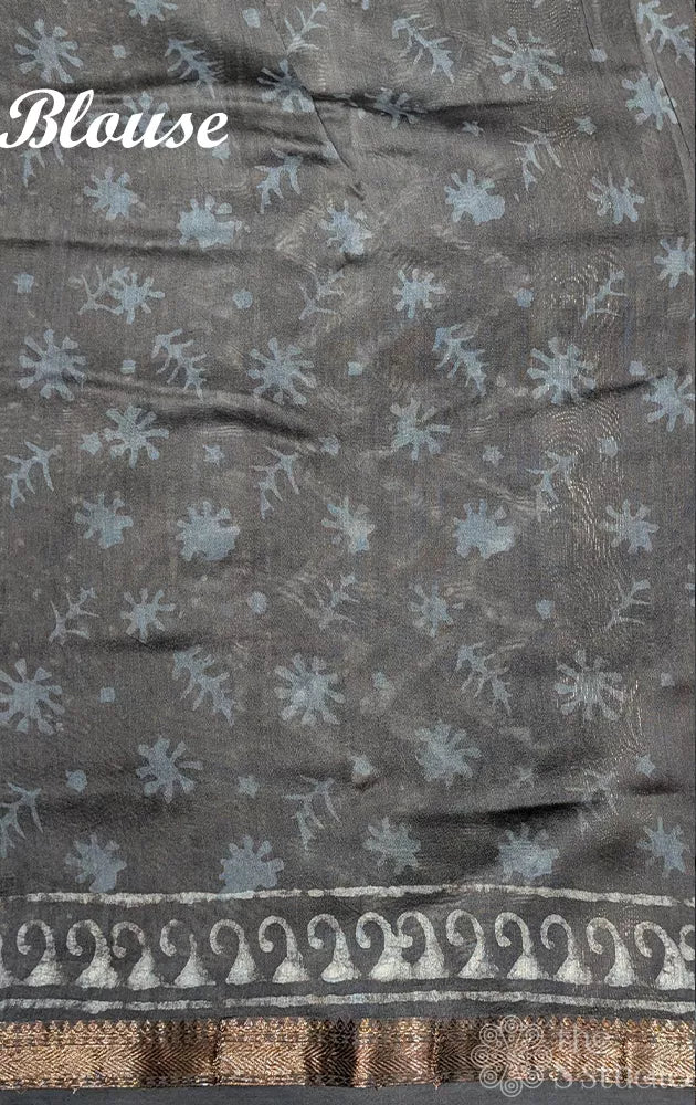 Grey chanderi cotton saree with batik prints