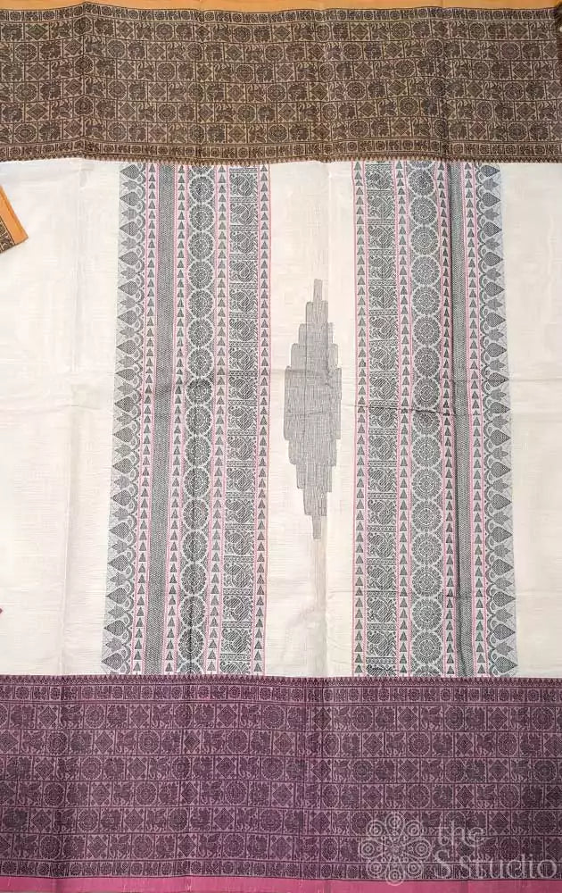 Off white kanchi cotton saree with ganga jamuna border