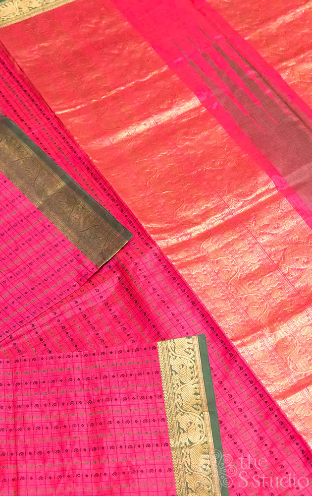 Rose checked silkcotton saree with green selvedge