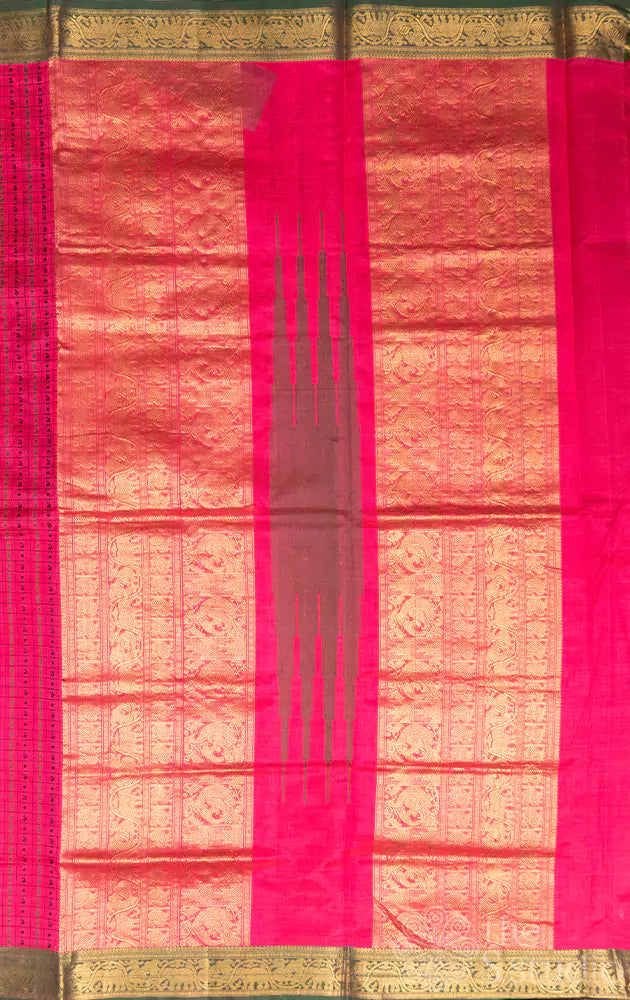 Rose checked silkcotton saree with green selvedge