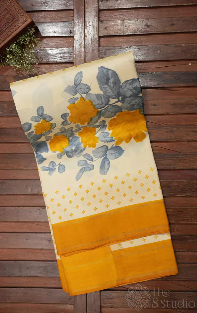 Off white with yellow border printed kanjivaram silk saree