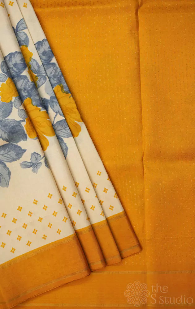 Off white with yellow border printed kanjivaram silk saree