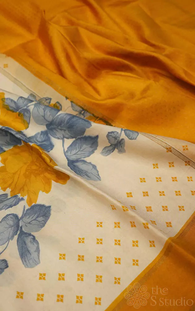 Off white with yellow border printed kanjivaram silk saree