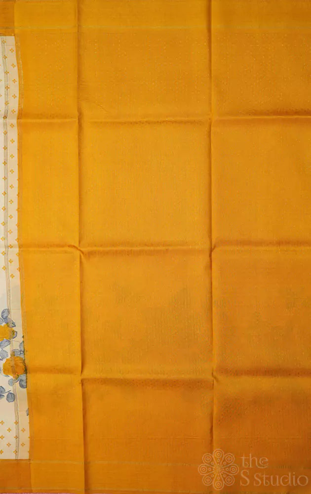 Off white with yellow border printed kanjivaram silk saree