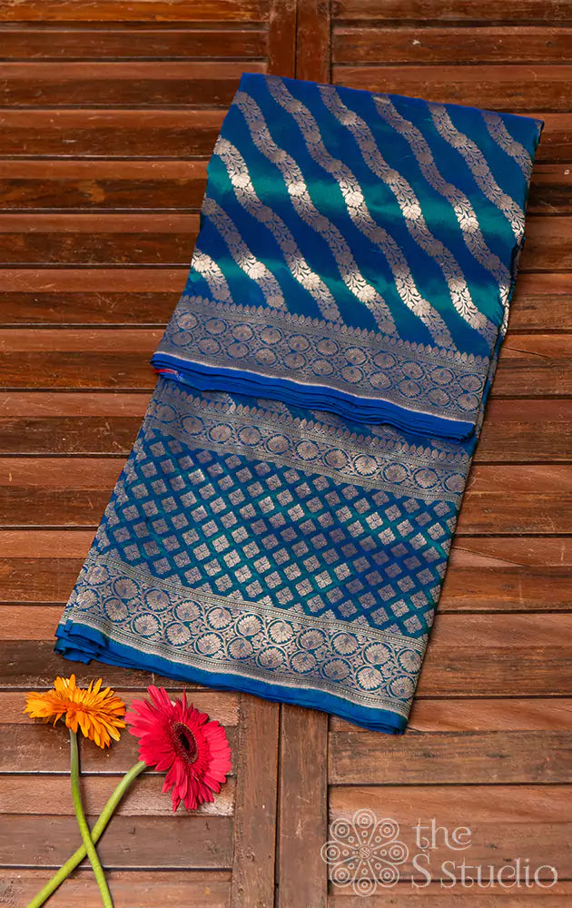 Peacock blue silver zari woven banarasi saree
