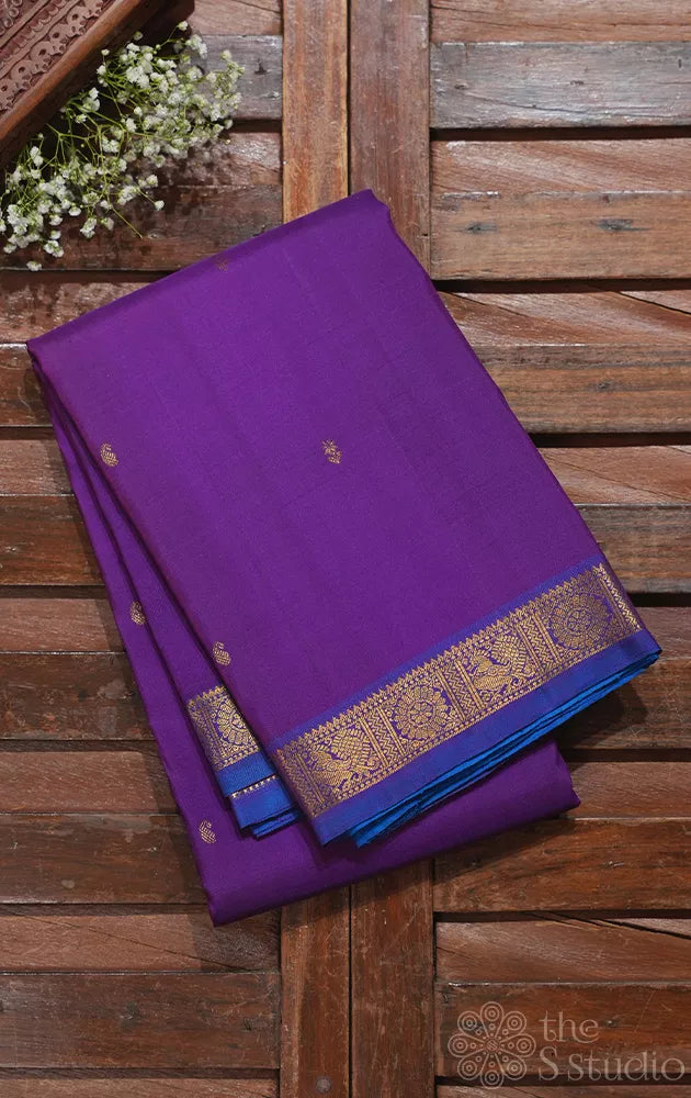 Violet kanjivaram silk saree with blue small border