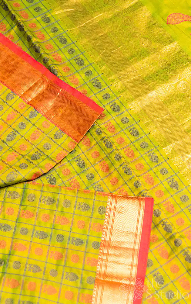 Light green aayiram butta silk cotton saree with zari border