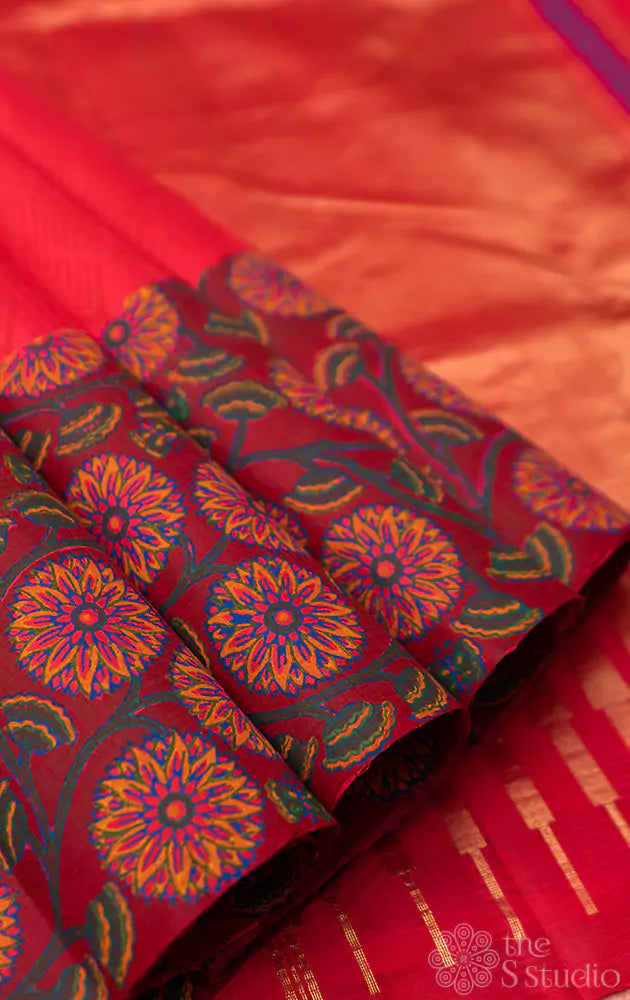 Peachish orange soft silk saree with floral printed border